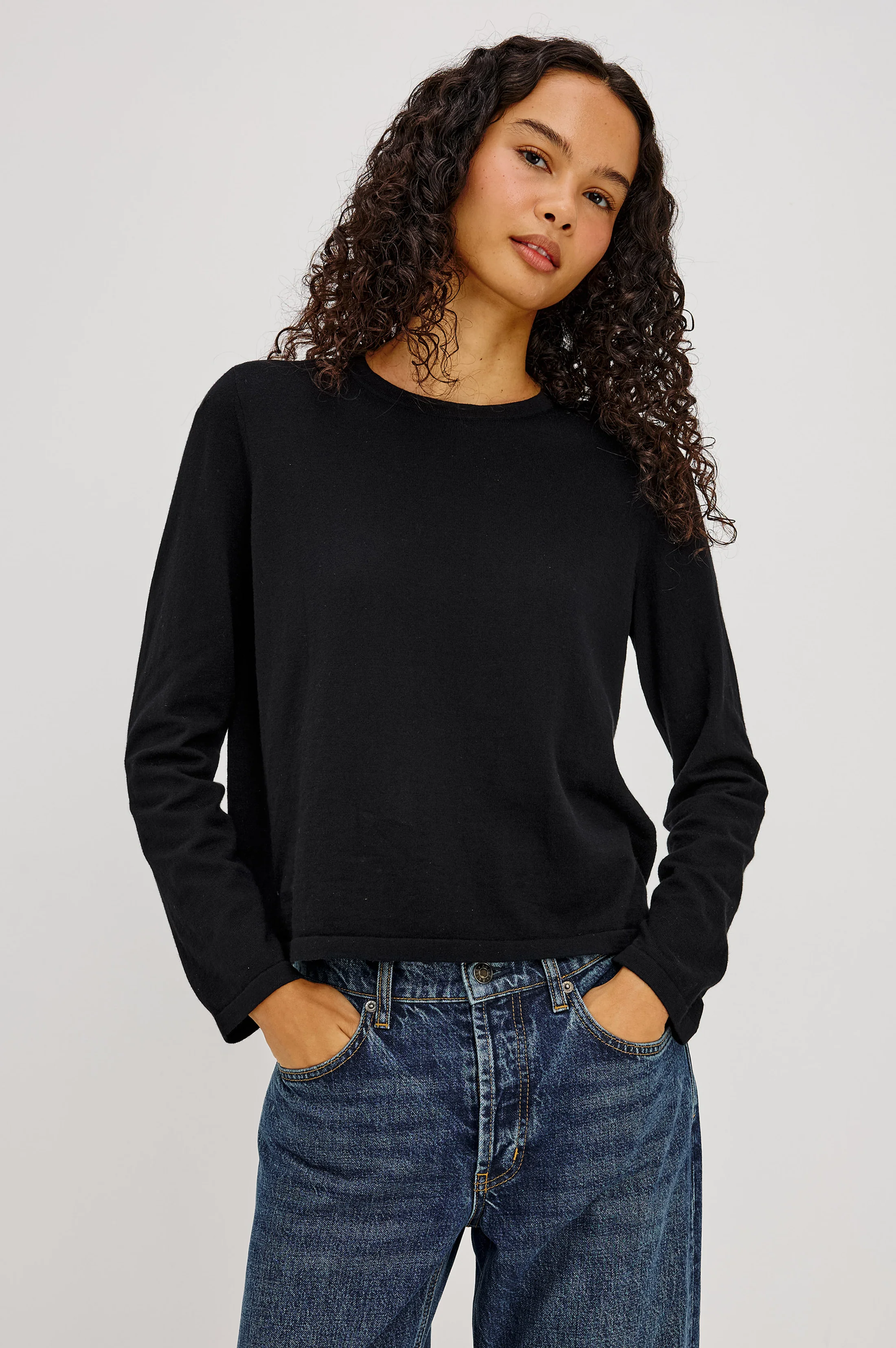 COTTON CASHMERE LONG SLEEVE T-SHIRT - BLACK