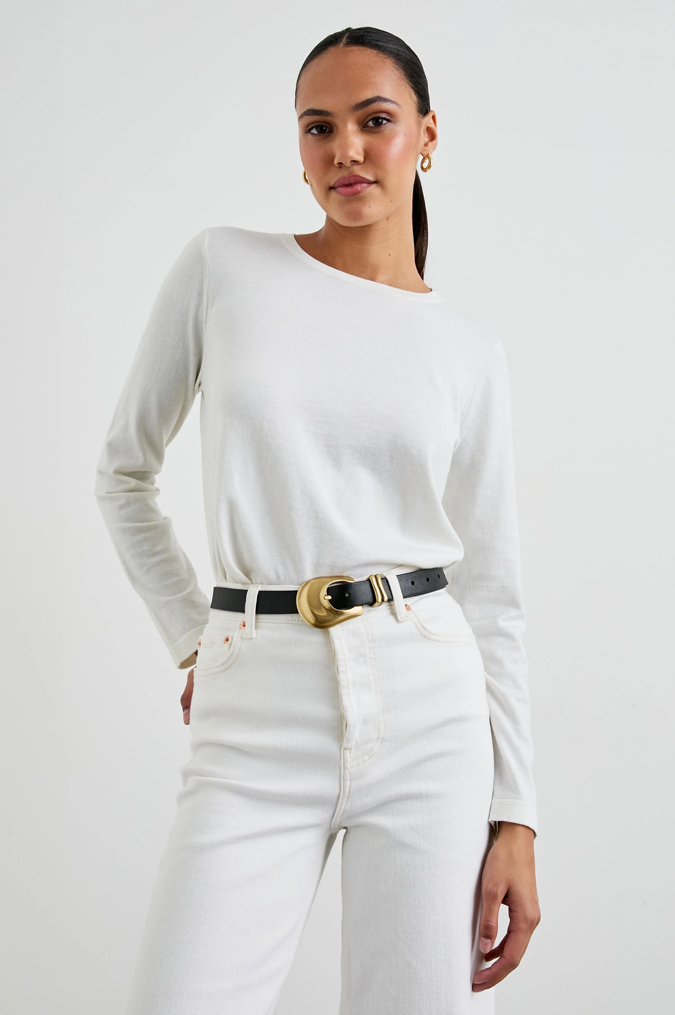 COTTON CASHMERE LONG SLEEVE T-SHIRT - WHITE - Image 6