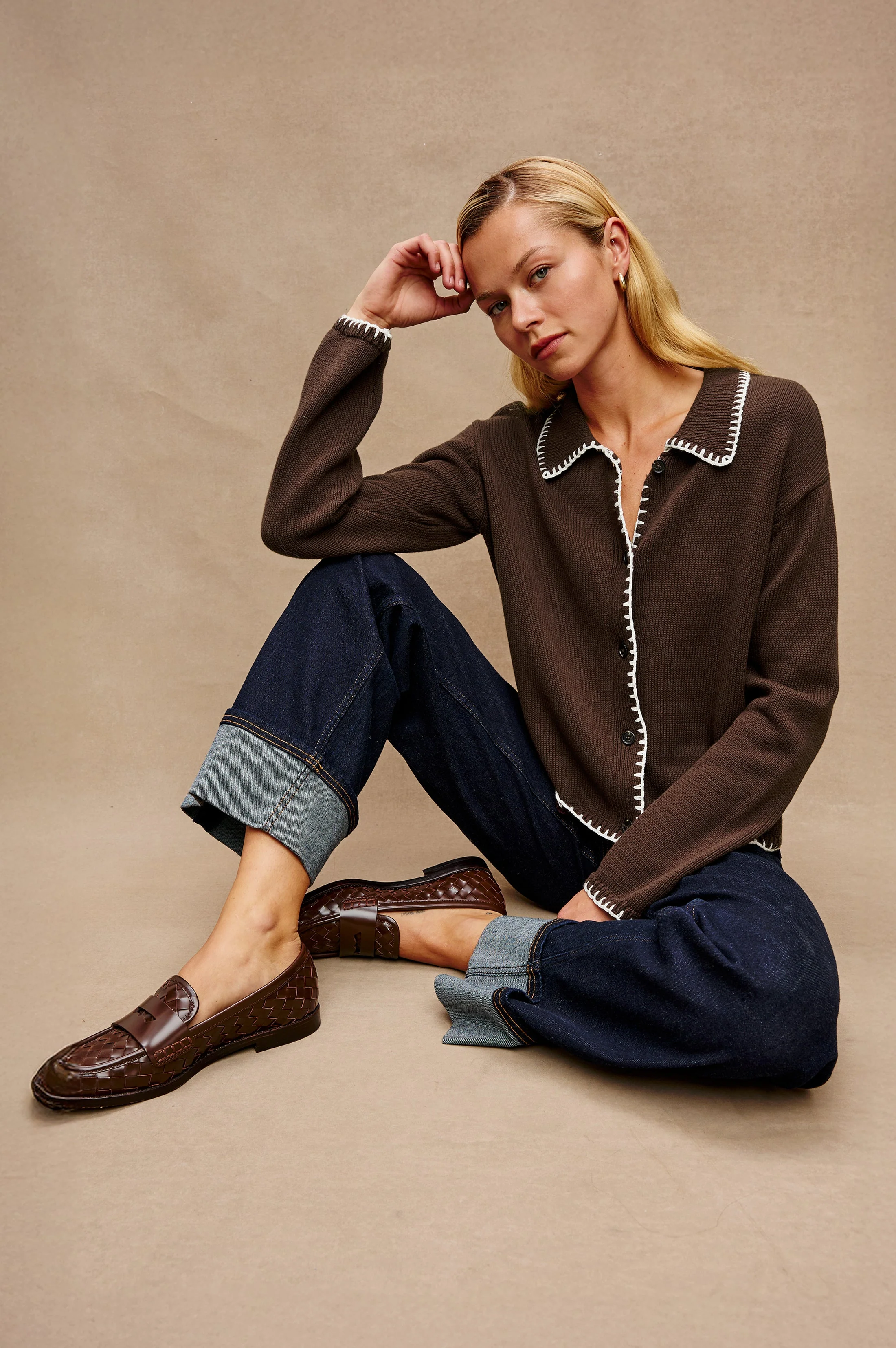 RAYLEEN SWEATER - BROWN IVORY BLANKET STITCH
